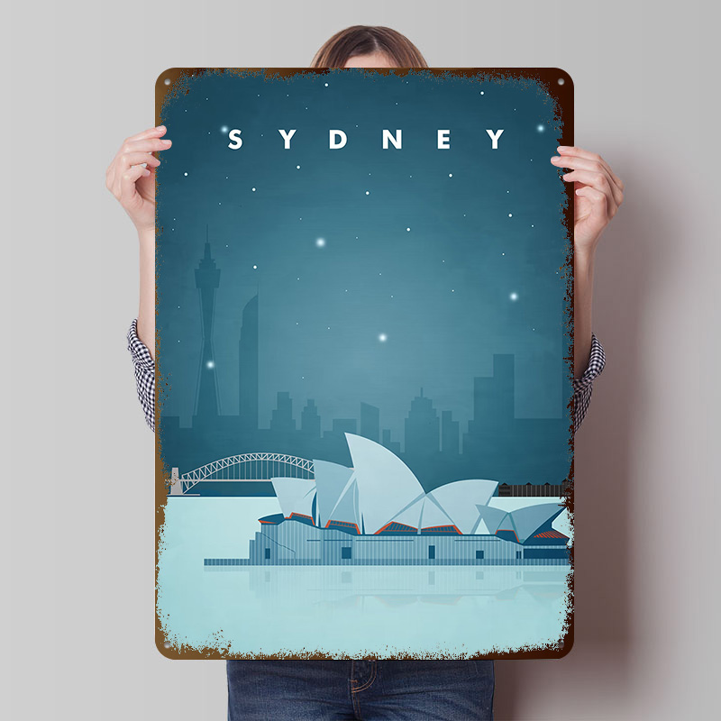 Home Bar Sydney - Винтажная металлическая табличка с изображением Сиднея,